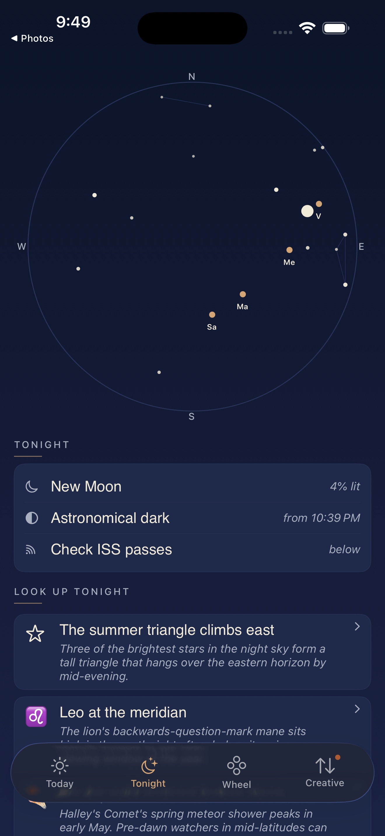 Tonight tab showing the sky map and Look up tonight editorial cards