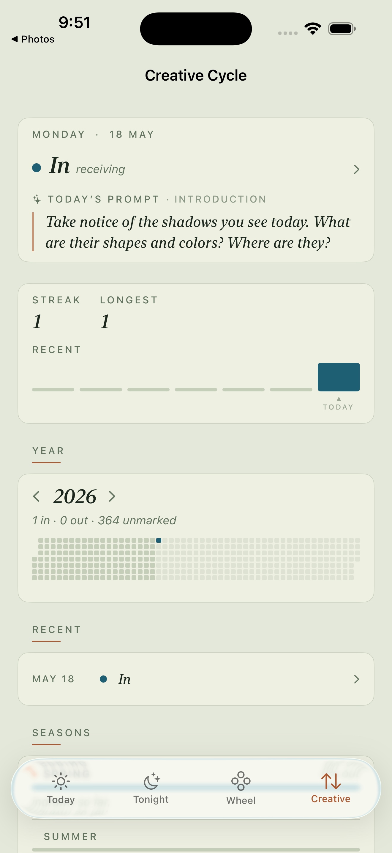 The Creative tab showing daily check-ins and a year-at-a-glance heatmap